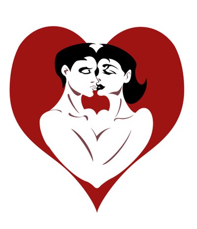 Coppia che si abbraccia, immagine grafica in bianco e nero e rosso, 2010 da Neale Osborne